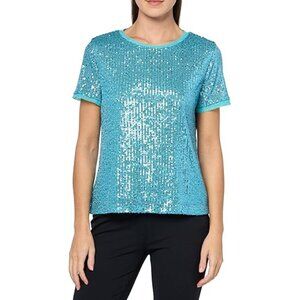 NWT Anne Klein Women's Sequin W Triple Mesh SS Banded Tee Size M